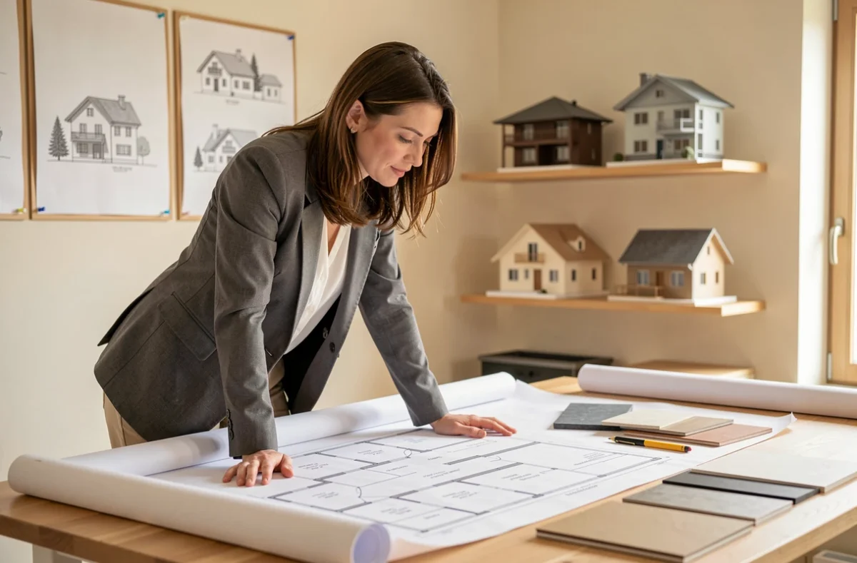 Architecte de Maisons et Plans en Savoie travaillant sur des plans de maison individuelle dans un studio professionnel