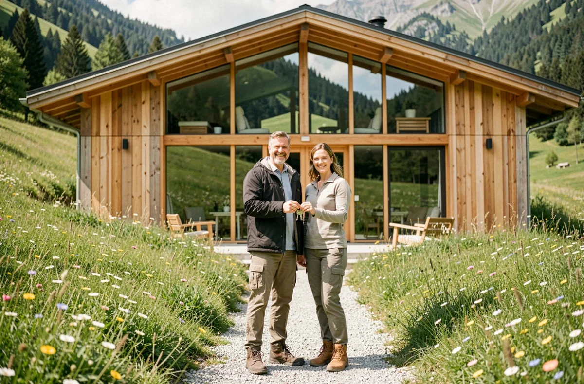 Couple devant leur maison bioclimatique Maisons Oxygène dans une prairie alpine en Savoie