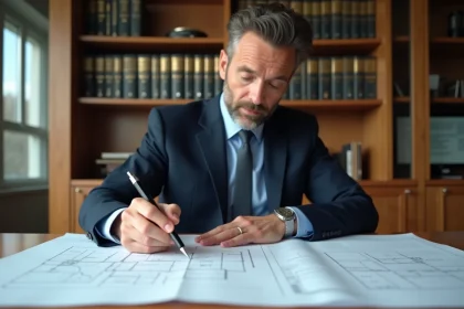Professionnel de l'immobilier examinant des plans de division parcellaire sur une table de réunion dans un bureau moderne