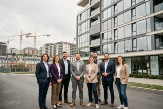 Groupe d'agents immobiliers professionnels devant un immeuble moderne en Seine-Saint-Denis