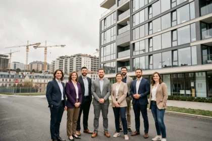 Groupe d'agents immobiliers professionnels devant un immeuble moderne en Seine-Saint-Denis