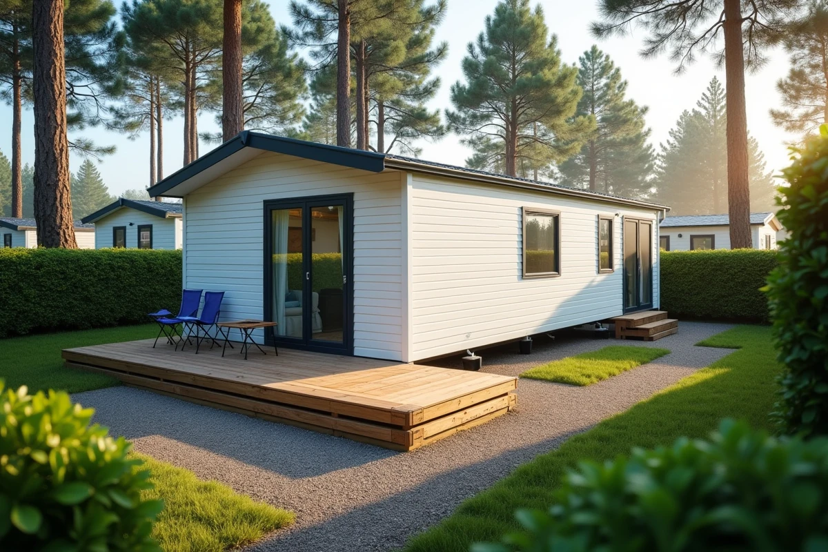 Mobil-home moderne dans un camping résidentiel avec terrasse en bois et cadre naturel de pins pour investissement LMNP