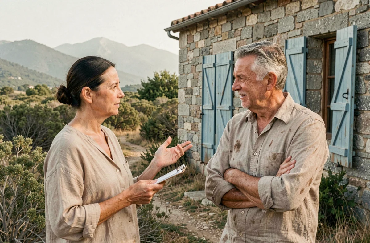Femme en train de négocier l'achat d'une maison en pierre traditionnelle en Corse du Sud avec le propriétaire