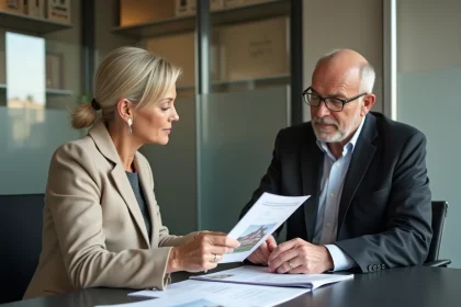 Femme négociant la vente urgente de sa maison avec un agent immobilier à Metz autour de documents de vente