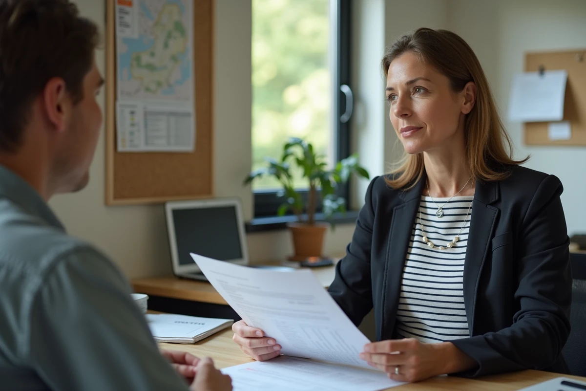Investisseur LMNP discutant des clauses du bail de location avec un gestionnaire de camping dans un bureau professionnel