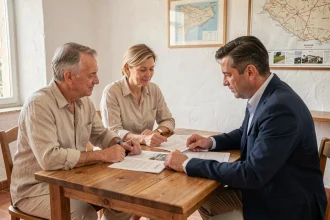 Couple négociant l'achat d'une maison en Corse du Sud avec un agent immobilier dans une agence