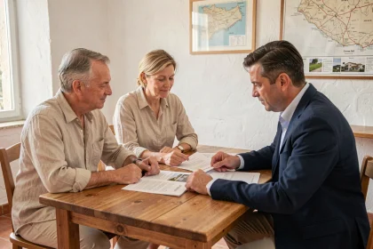 Couple négociant l'achat d'une maison en Corse du Sud avec un agent immobilier dans une agence