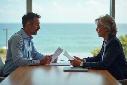 Négociation du prix d'un appartement en bord de mer entre un acheteur et un agent immobilier confiant dans un bureau avec vue sur la mer