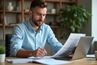 Homme négociant son crédit immobilier SG en autonomie sur son ordinateur portable à domicile