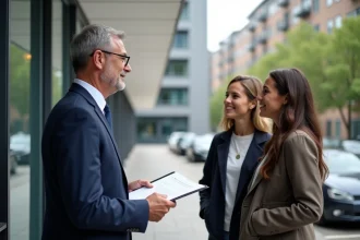 Notaire en costume avec couple dans parking urbain