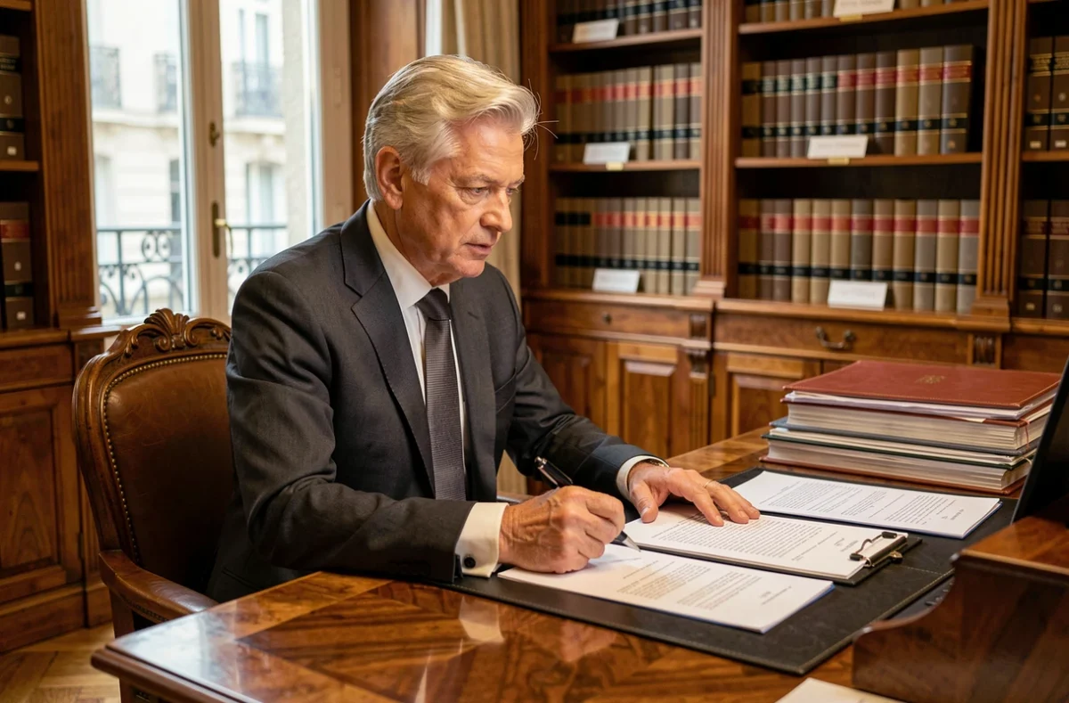 Notaire homme aux cheveux argentés en costume sombre expliquant une clause contractuelle à son bureau en acajou dans un cabinet parisien classique avec parquet et grandes fenêtres
