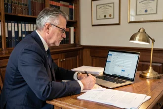 Notaire consultant un logiciel de rédaction d'actes intégré sur son ordinateur portable dans un bureau juridique traditionnel