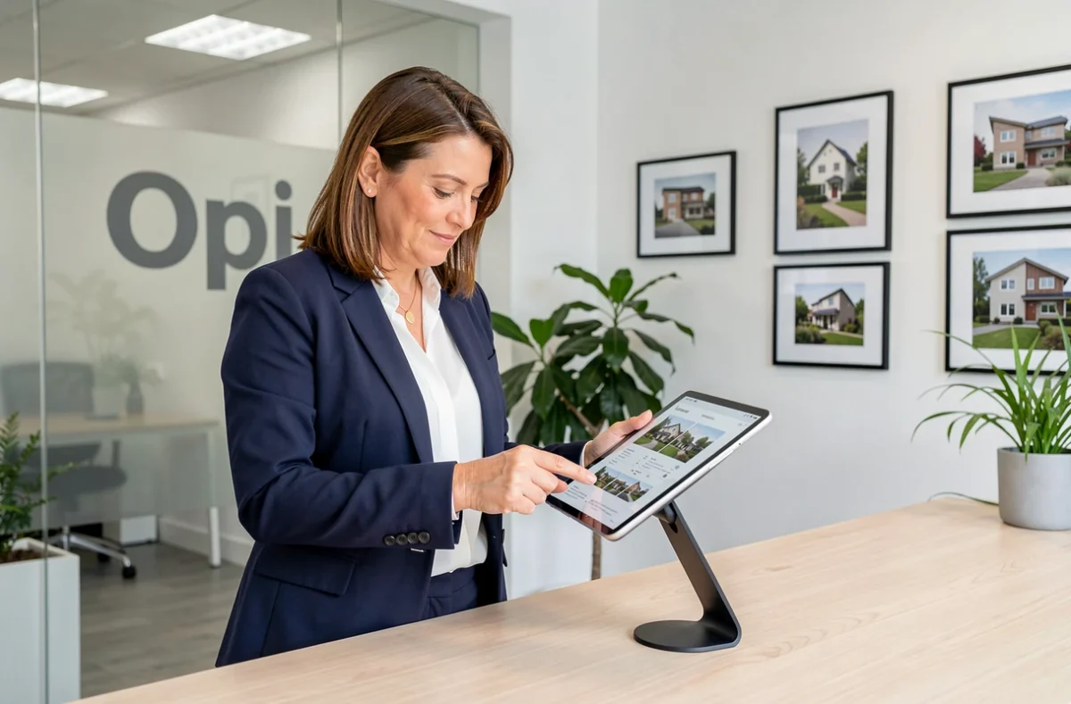 Agente immobilière de l'agence Orpi Aii La Plaine Saint-Denis consultant des annonces sur tablette dans un bureau moderne