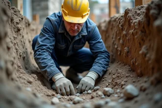 Ouvrier examinant la reprise en sous-oeuvre d'une fondation en béton dans une tranchée étroite sous un bâtiment ancien