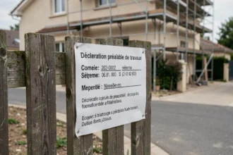 Panneau de déclaration préalable de travaux affiché sur une clôture en bois devant un chantier résidentiel en France