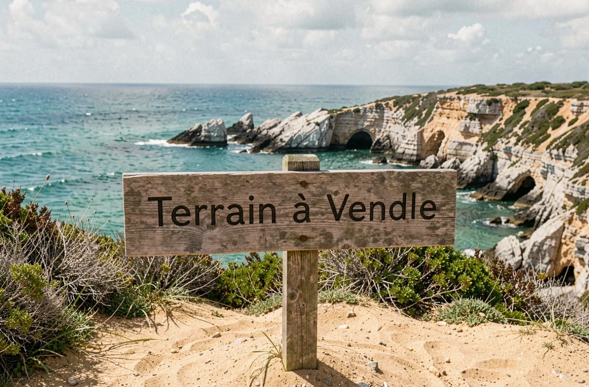 Panneau terrain à vendre planté en bord de falaise avec vue panoramique sur la mer et le littoral rocheux