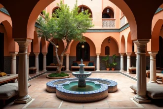 Patio intérieur d'un riad traditionnel à Marrakech avec fontaine en zellige et arches en plâtre sculpté