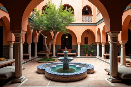Patio intérieur d'un riad traditionnel à Marrakech avec fontaine en zellige et arches en plâtre sculpté
