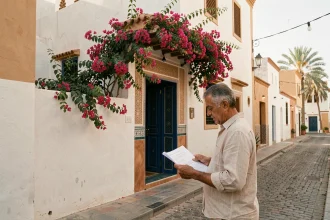 Petite villa traditionnelle à Marrakech avec porte en bois sculptée bleue et murs blanchis, homme consultant des documents immobiliers devant l'entrée