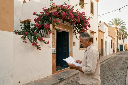 Petite villa traditionnelle à Marrakech avec porte en bois sculptée bleue et murs blanchis, homme consultant des documents immobiliers devant l'entrée