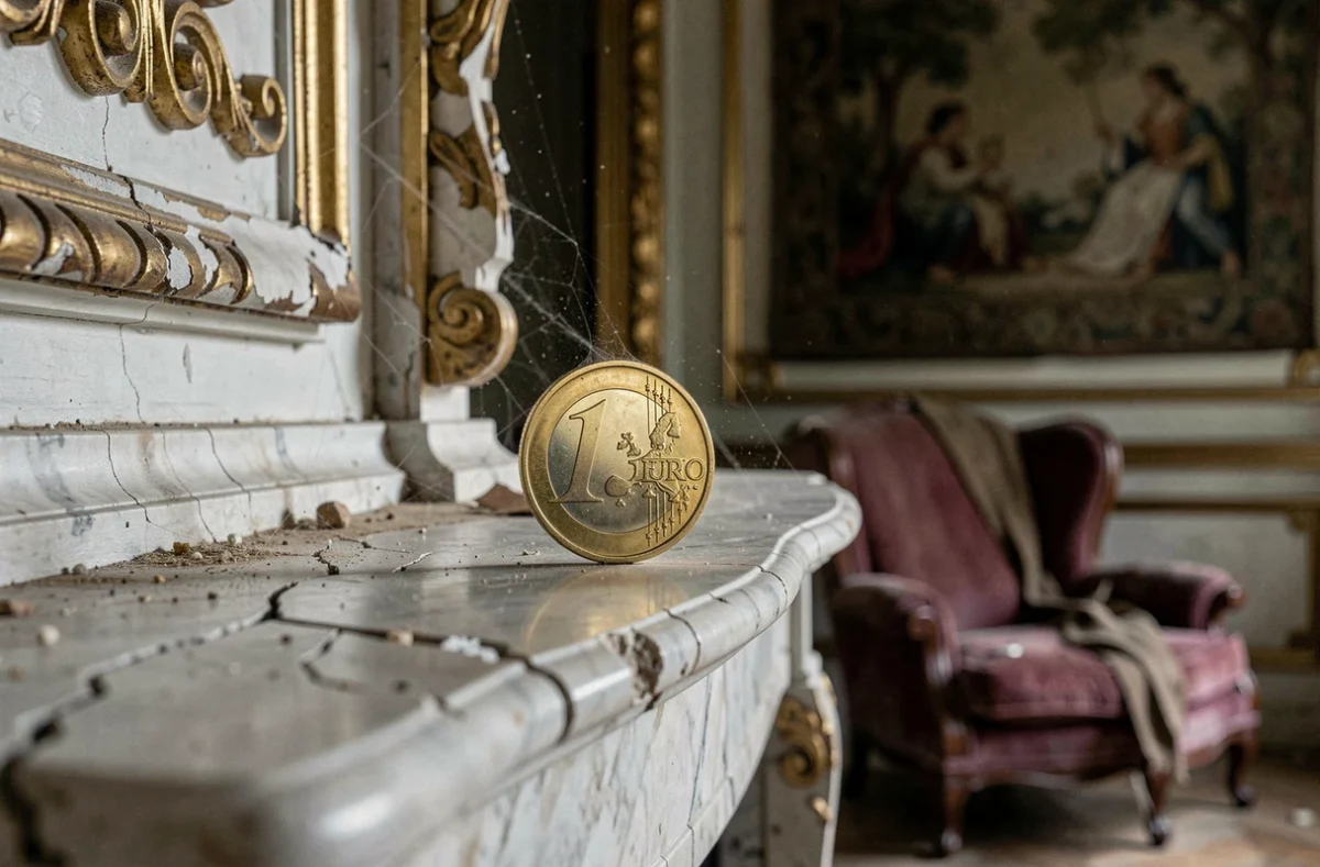 Pièce d'un euro symbolique posée sur une cheminée en marbre fissuré dans un château abandonné