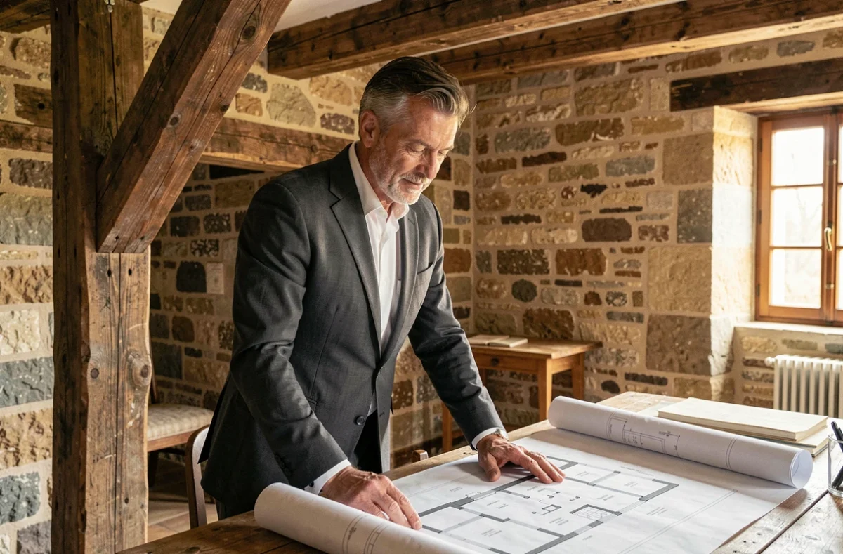 Professionnel de Pigeault Immobilier étudiant des plans dans un immeuble en pierre rennais