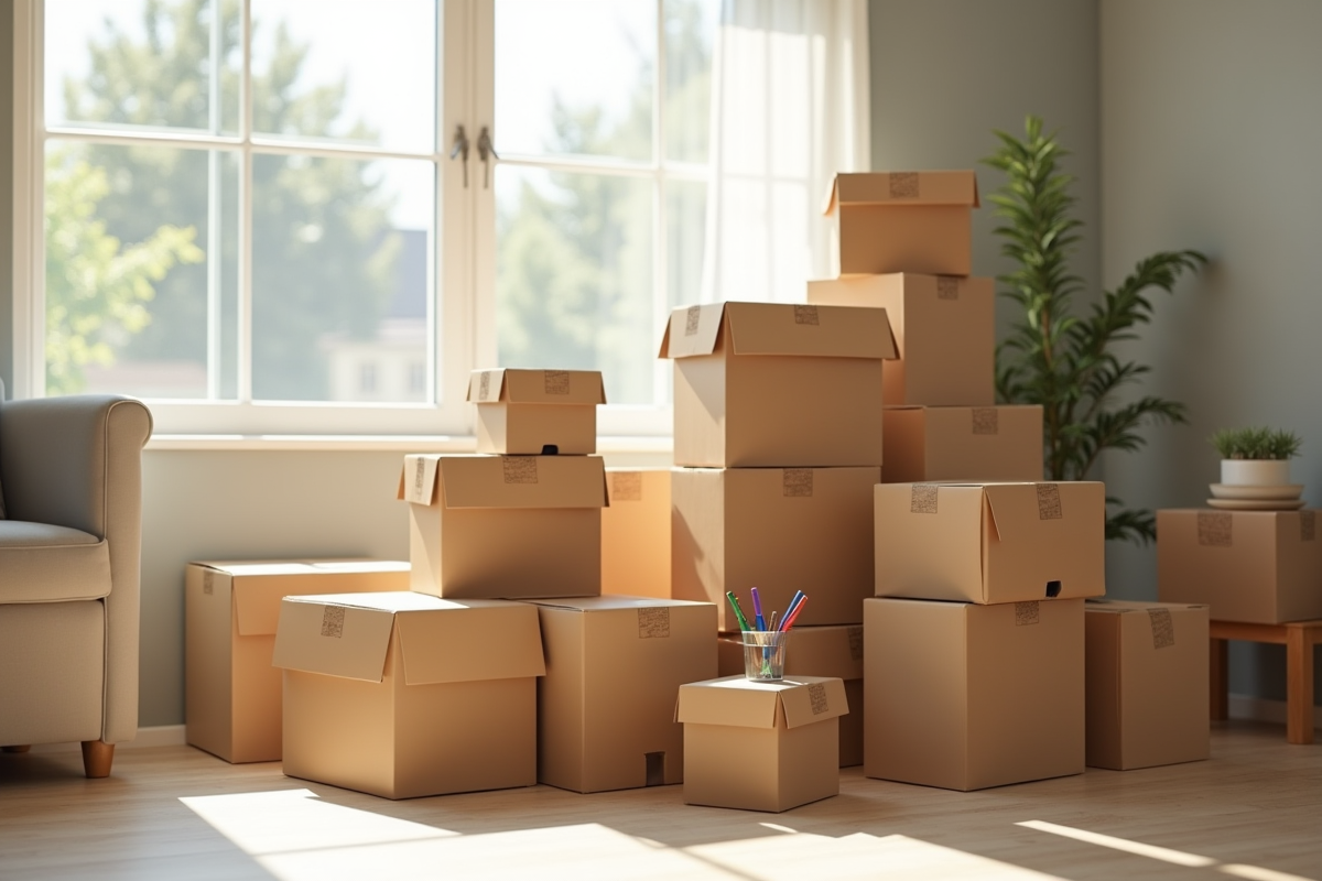 Pile de caisses de matériaux pour déménagement dans un salon lumineux