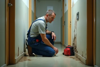 Plombier inspectant un mur endommagé par l'eau dans un appartement