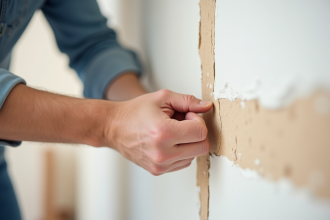 Main appliquant du joint sur une cloison en plaque de plâtre