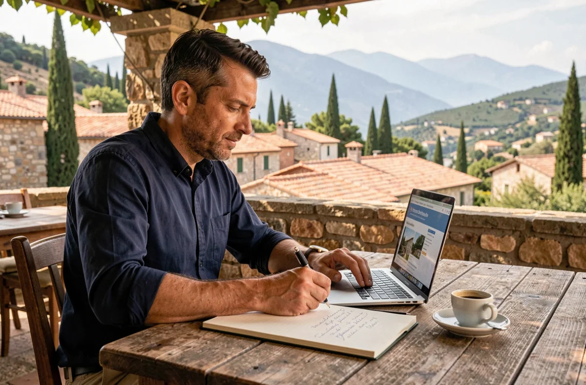 Homme préparant sa stratégie de négociation pour acheter une maison en Corse du Sud sur une terrasse avec vue sur le village