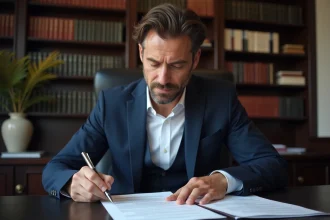Professionnel en costume étudiant un bail commercial avec des documents d'indices ILAT et ILC sur son bureau