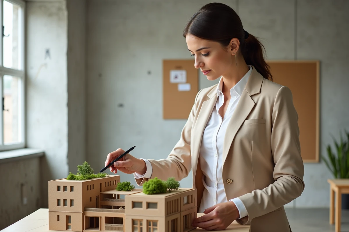 Promotrice immobilière présentant un projet de construction durable conforme aux critères RSE