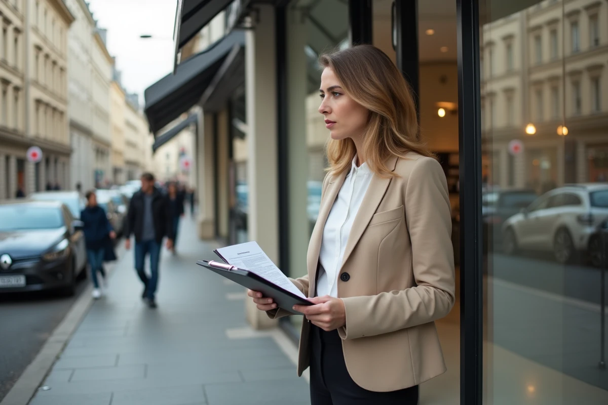 Propriétaire de commerce devant une boutique commerciale évaluant son bail et l'indice de révision applicable