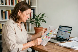 Propriétaire consultant un calendrier de réservations imprimé pour gérer son planning Itea et éviter les doubles réservations