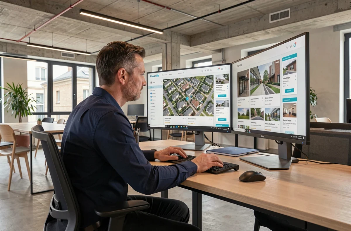 Conseiller immobilier Proprilib travaillant sur des annonces digitales dans un espace de co-working moderne