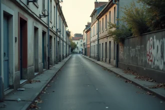 Rue dégradée dans un quartier défavorisé de Montluçon avec façades abîmées et trottoirs négligés