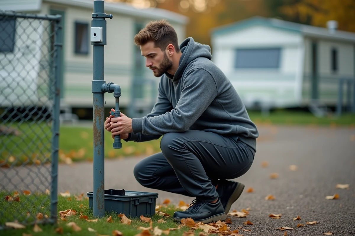 Homme inspectant les raccordements eau et électricité sur un emplacement de camping à l'année