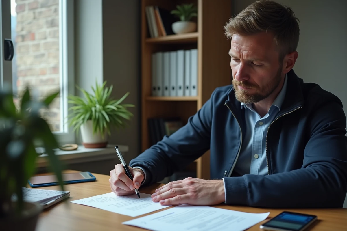 Homme rédigeant une plainte écrite pour changement de serrure à son bureau, avec formulaire officiel et smartphone affichant un commissariat
