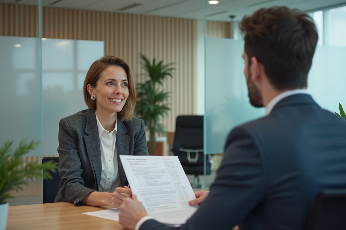Femme en rendez-vous bancaire à la Société Générale pour négocier les conditions de son prêt immobilier
