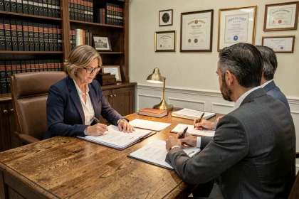 Notaire femme en blazer marine examinant des documents officiels avec un couple de clients dans un bureau traditionnel aux murs crème et bibliothèques en bois sombre