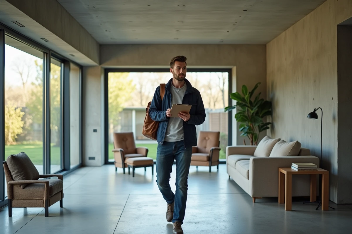 Repérage de lieu de tournage dans une maison moderne, vérification des espaces pour une production cinématographique