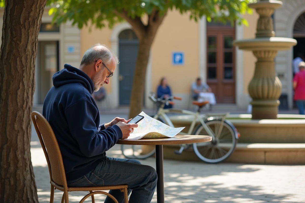 Résident masculin consultant son téléphone en terrasse de café sur une place de quartier à Marseille, représentant la vie sereine et quotidienne dans le 3ème arrondissement