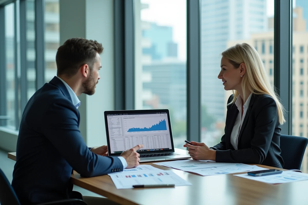 Deux professionnels de l'immobilier comparant les indices ILAT et ILC sur des documents financiers en réunion