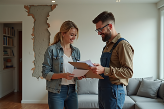 Femme et technicien reparant un mur endommage dans un appartement