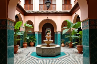 Cour intérieure d'un riad traditionnel à Marrakech avec fontaine en zellige, idéal pour location saisonnière rentable