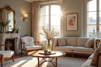 Salon parisien lumineux avec décoration française et clé Airbnb