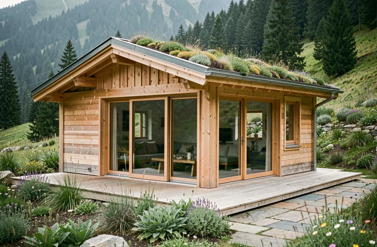 Maison écologique en bois SCO2BOIS avec toiture végétalisée et construction durable en Savoie