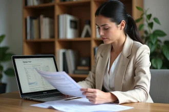 Femme consultant un simulateur de frais de notaire sur ordinateur portable avec des documents immobiliers sur un bureau