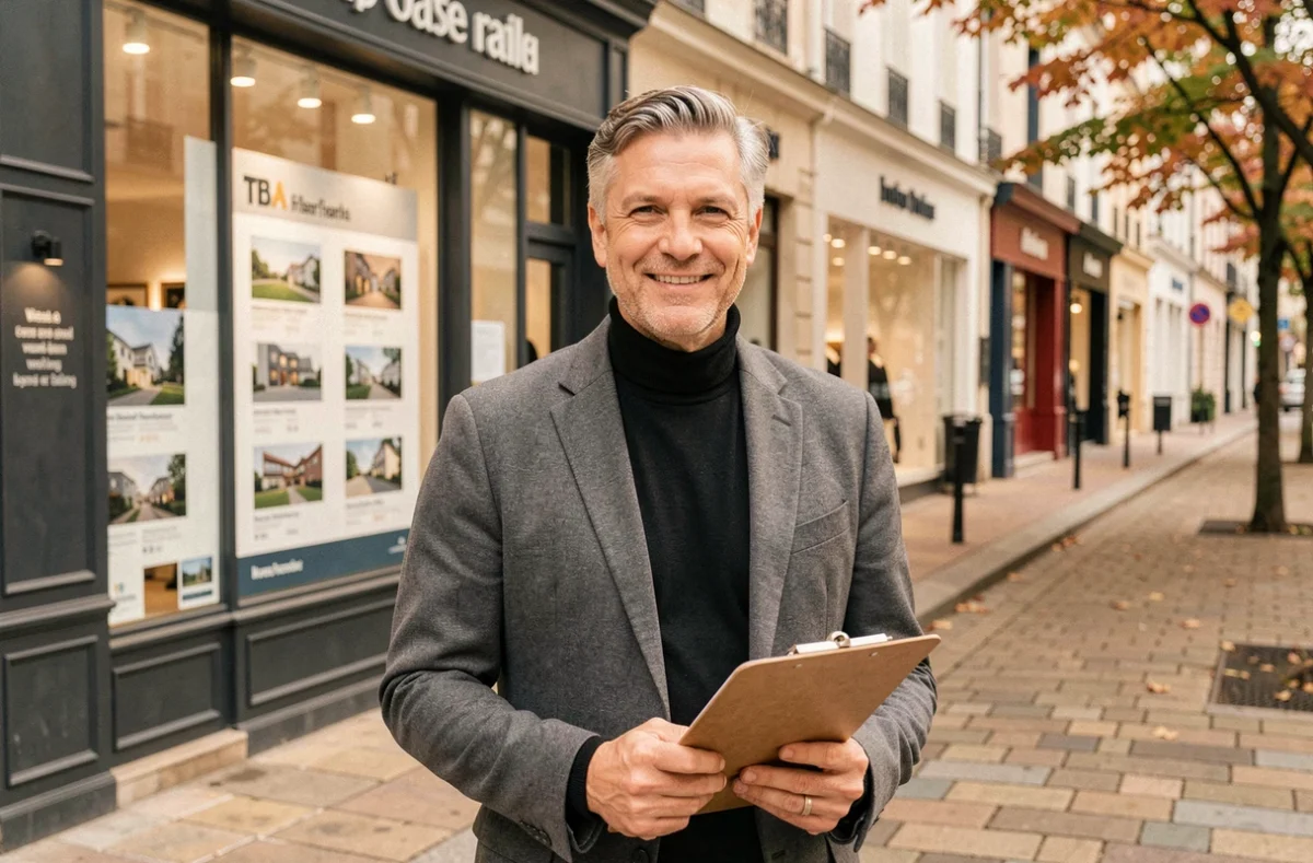 Agent Stéphane Plaza Immobilier Saint-Étienne souriant devant la vitrine d'une agence avec des annonces exposées