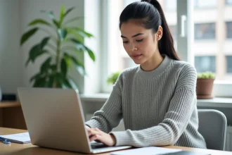 Femme consultant un site de suivi des prix immobiliers sur un ordinateur portable dans un bureau à domicile moderne